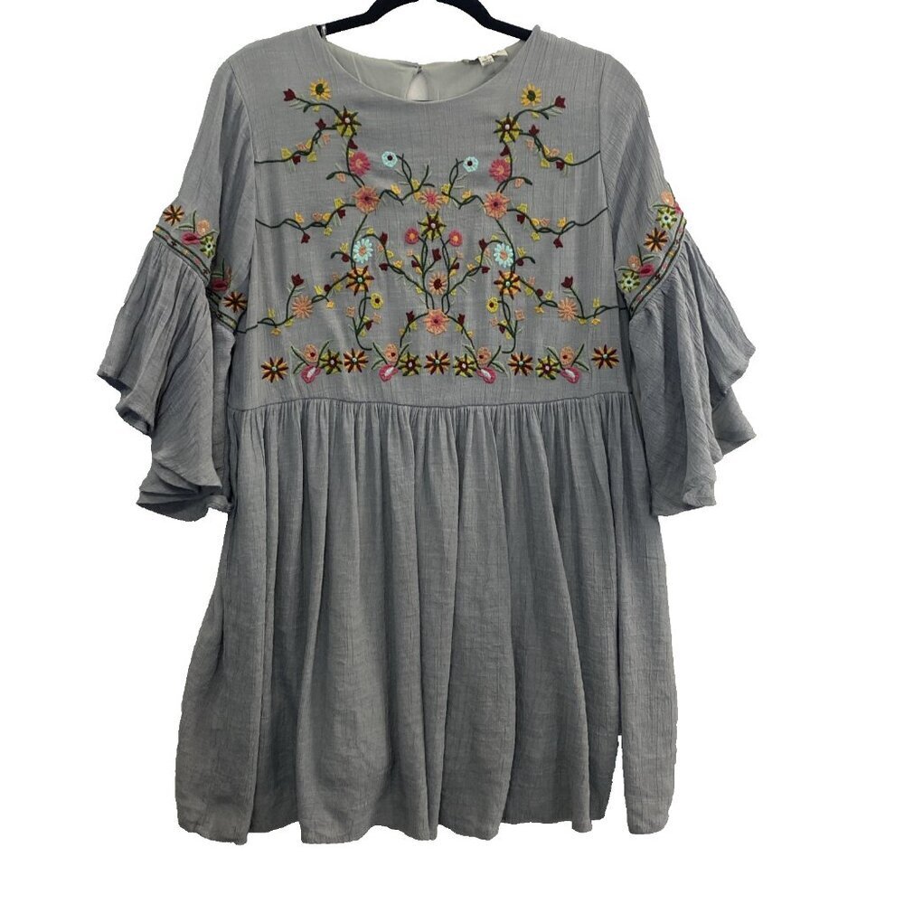 UMGEE Women Embroidered‎ Tunic Mini Dress Oversized Sz S Gray Boho Peasant 11-1